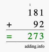 Calculate 181 + 92 using long addition