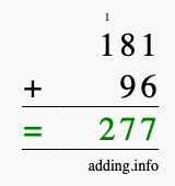 Calculate 181 + 96 using long addition