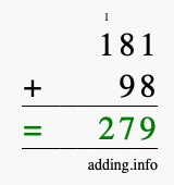 Calculate 181 + 98 using long addition