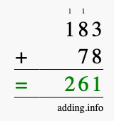 Calculate 183 + 78 using long addition