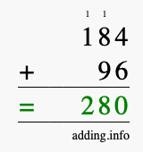 Calculate 184 + 96 using long addition