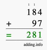 Calculate 184 + 97 using long addition