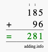 Calculate 185 + 96 using long addition