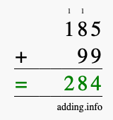 Calculate 185 + 99 using long addition