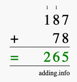 Calculate 187 + 78 using long addition
