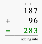 Calculate 187 + 96 using long addition