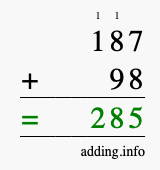 Calculate 187 + 98 using long addition