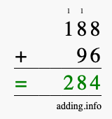 Calculate 188 + 96 using long addition