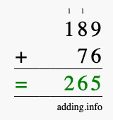 Calculate 189 + 76 using long addition