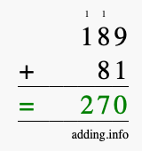 Calculate 189 + 81 using long addition