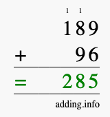 Calculate 189 + 96 using long addition