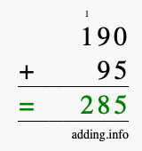 Calculate 190 + 95 using long addition
