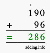 Calculate 190 + 96 using long addition