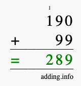Calculate 190 + 99 using long addition