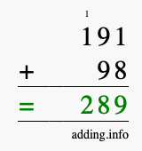 Calculate 191 + 98 using long addition