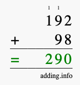 Calculate 192 + 98 using long addition
