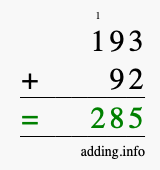 Calculate 193 + 92 using long addition