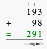 Calculate 193 + 98 using long addition