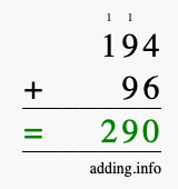 Calculate 194 + 96 using long addition