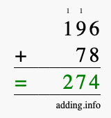 Calculate 196 + 78 using long addition
