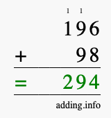 Calculate 196 + 98 using long addition