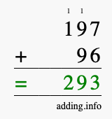 Calculate 197 + 96 using long addition