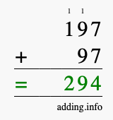 Calculate 197 + 97 using long addition
