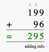 Calculate 199 + 96 using long addition