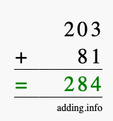 Calculate 203 + 81 using long addition