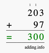 Calculate 203 + 97 using long addition