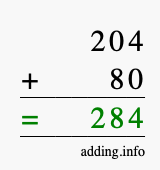 Calculate 204 + 80 using long addition
