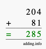 Calculate 204 + 81 using long addition