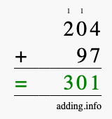 Calculate 204 + 97 using long addition