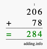 Calculate 206 + 78 using long addition