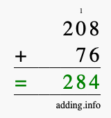 Calculate 208 + 76 using long addition