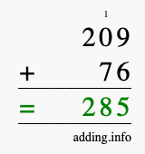 Calculate 209 + 76 using long addition