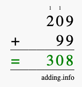 Calculate 209 + 99 using long addition