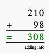 Calculate 210 + 98 using long addition