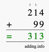 Calculate 214 + 99 using long addition