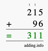 Calculate 215 + 96 using long addition