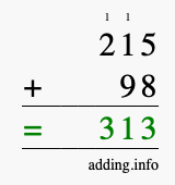 Calculate 215 + 98 using long addition