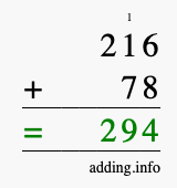 Calculate 216 + 78 using long addition