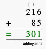 Calculate 216 plus 85 using long addition Calculate 216 + 85 using long addition
