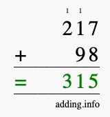 Calculate 217 + 98 using long addition