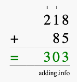 Calculate 218 + 85 using long addition