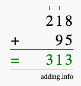 Calculate 218 + 95 using long addition