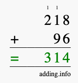 Calculate 218 + 96 using long addition
