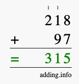 Calculate 218 + 97 using long addition