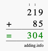 Calculate 219 + 85 using long addition