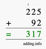 Calculate 225 + 92 using long addition